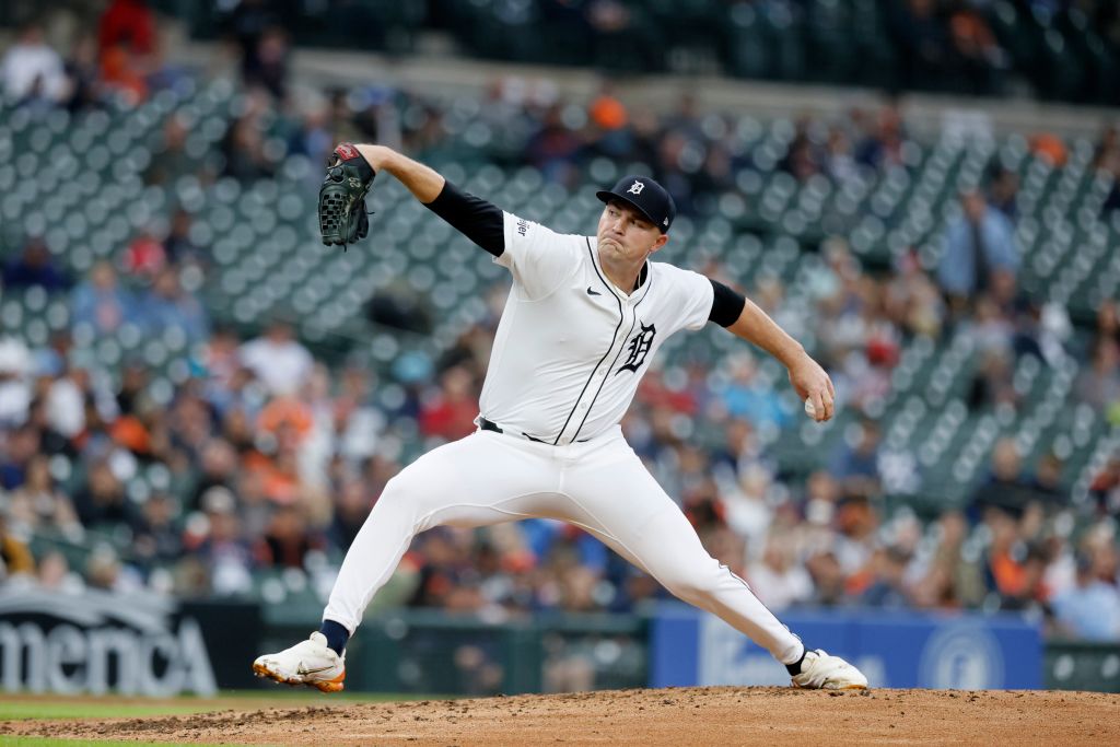 DETROIT, MI -  SEPTEMBER 24:  Tarik Skubal #29 of the Detroit Tigers pitches against the Tampa Bay Rays during the third inning at Comerica Park on September 24, 2024 in Detroit, Michigan.