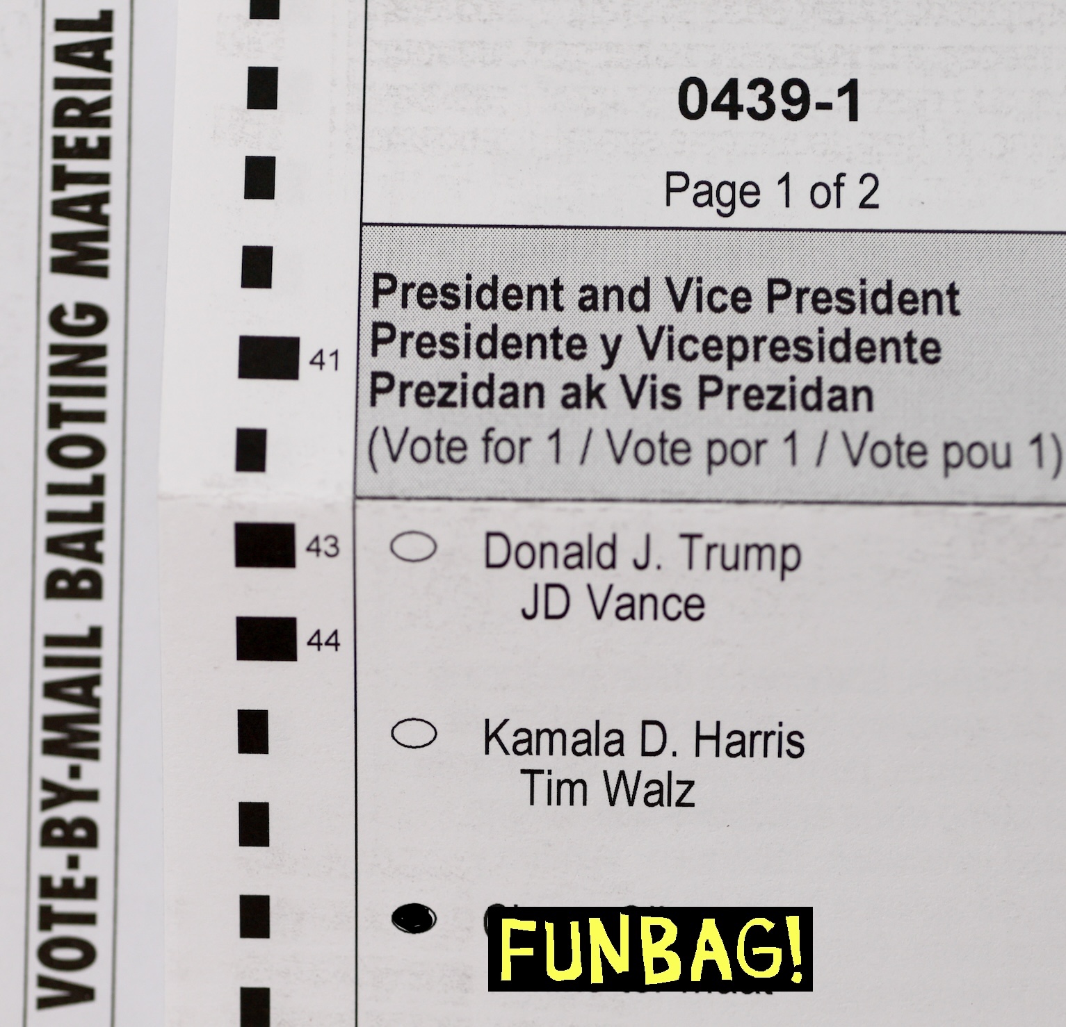 MIAMI, FLORIDA - OCTOBER 02: In this photo illustration, the names of the candidates for the 2024 Presidential election, including Republican presidential nominee, former U.S. President Donald Trump, and Democratic presidential nominee, Vice President Kamala Harris, appear on a vote-by-mail ballot on October 02, 2024 in Miami, Florida. With 33 days to go until election day, voters across the nation have begun to receive their absentee/mail ballots. (Photo illustration by Joe Raedle/Getty Images)