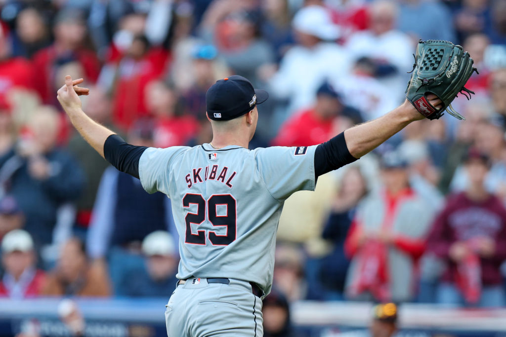 Tarik Skubal celebrates a double play