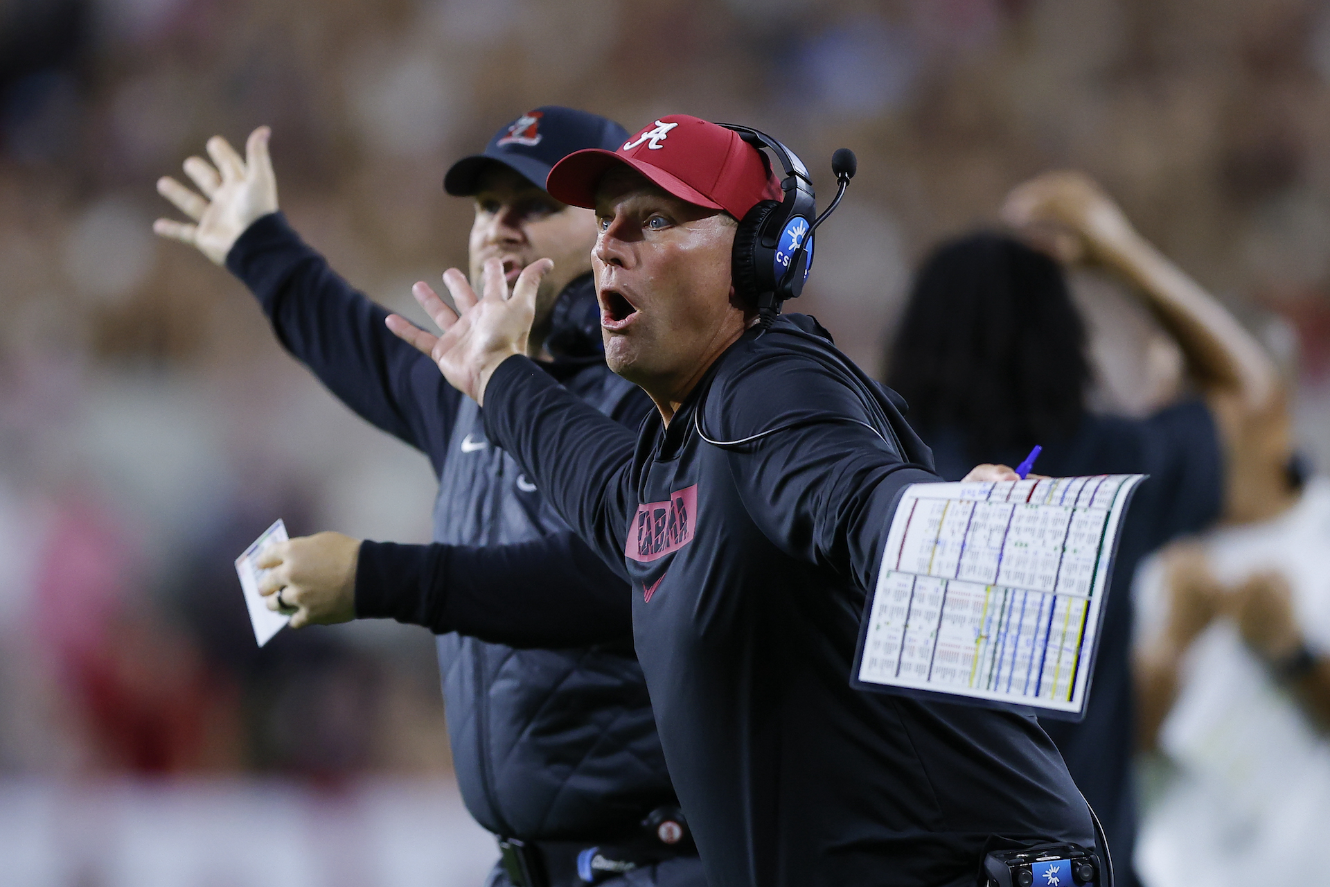 Head coach Kalen DeBoer of the Alabama Crimson Tide reacts during the second quarter against the Georgia Bulldogs at Bryant-Denny Stadium on September 28, 2024 in Tuscaloosa, Alabama.