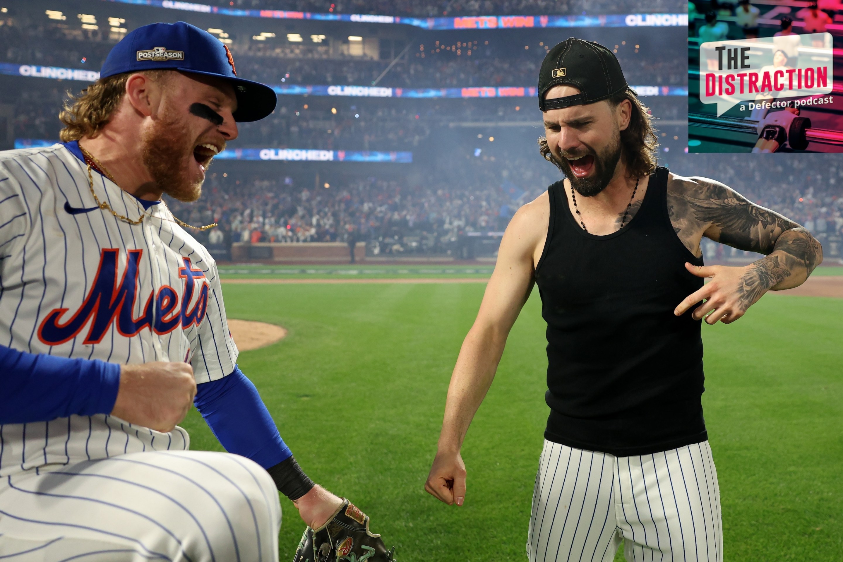 Harrison Bader (left) and Jesse Winker (right) celebrate in the outfield at CitiField after the Mets defeated the Philadelphia Phillies in the NLDS. Bader is yelling; Winker, also yelling, kind of looks like a snake a little bit.