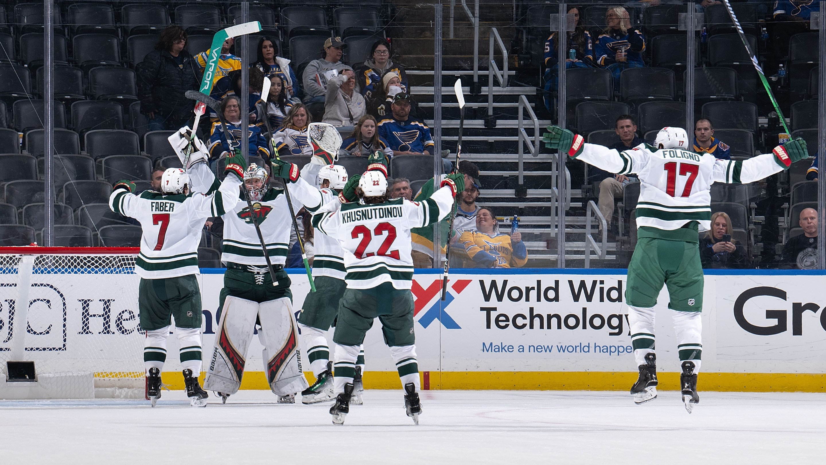ST. LOUIS, MO - OCTOBER 15: Filip Gustavsson #32 of the Minnesota Wild celebrates his empty net goal against the St. Louis Blues on October 15, 2024 at the Enterprise Center in St. Louis, Missouri. (Photo by Scott Rovak/NHLI via Getty Images)