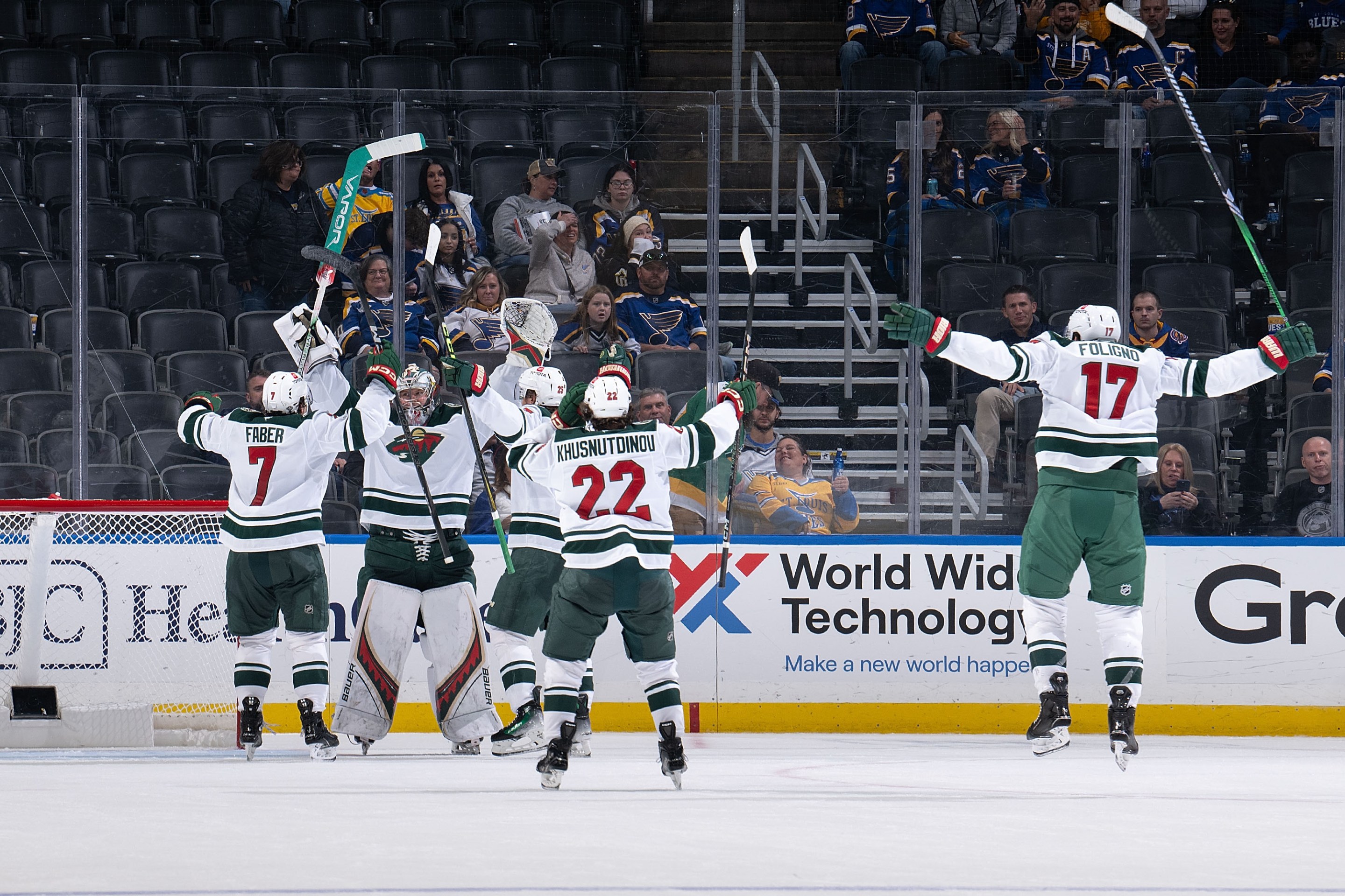 ST. LOUIS, MO - OCTOBER 15: Filip Gustavsson #32 of the Minnesota Wild celebrates his empty net goal against the St. Louis Blues on October 15, 2024 at the Enterprise Center in St. Louis, Missouri. (Photo by Scott Rovak/NHLI via Getty Images)