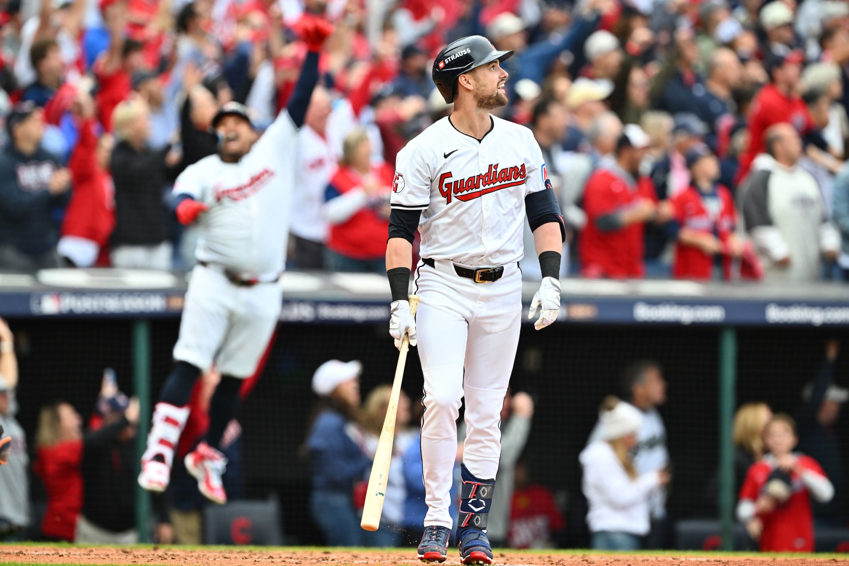 Lane Thomas #8 of the Cleveland Guardians hits a grand slam during the fifth inning against the Detroit Tigers during Game Five of the Division Series at Progressive Field on October 12, 2024 in Cleveland, Ohio.