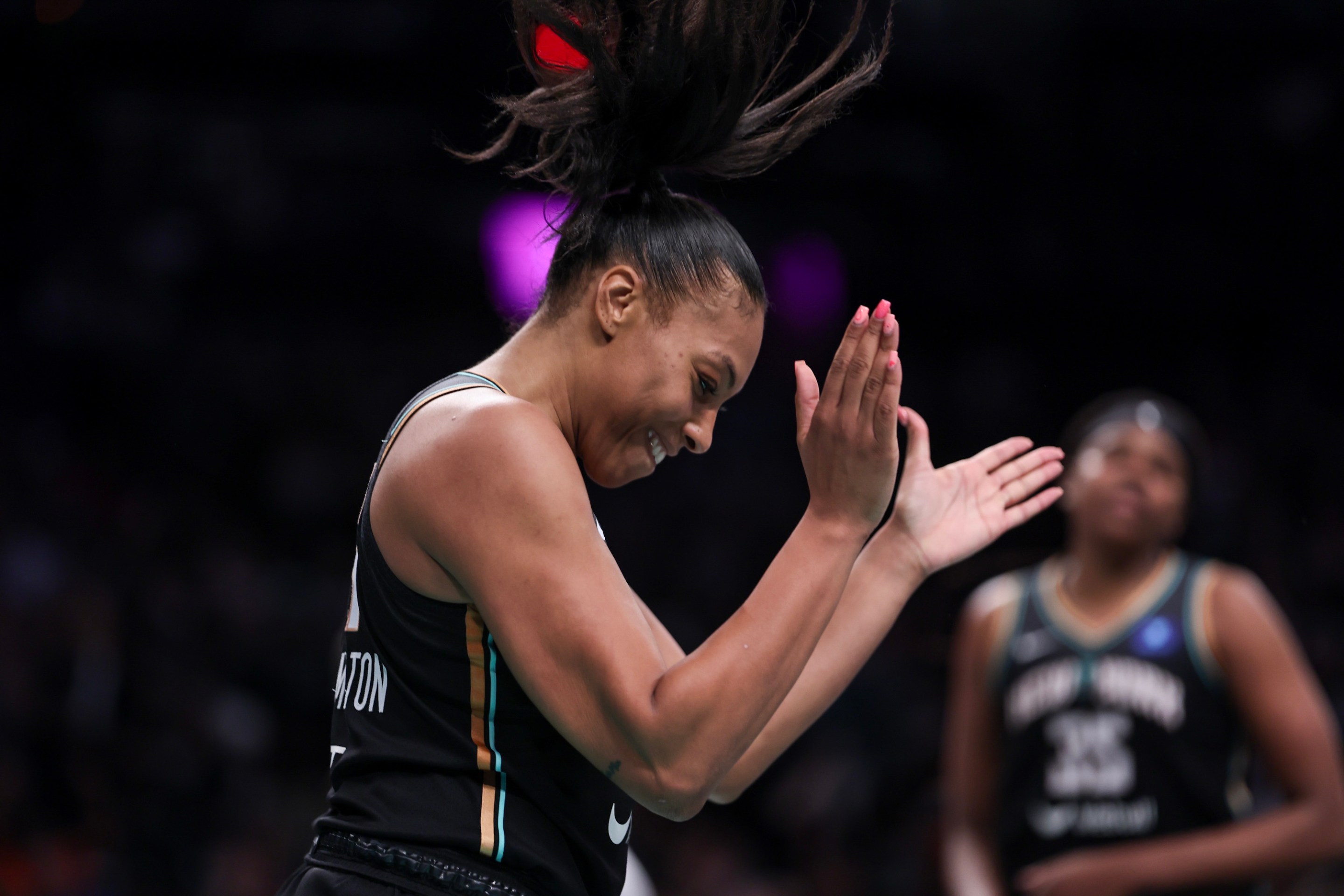 Betnijah Laney-Hamilton #44 of the New York Liberty reacts during the second quarter of Game Two of the WNBA Finals against the Minnesota Lynx at Barclays Center on October 13, 2024 in New York City.