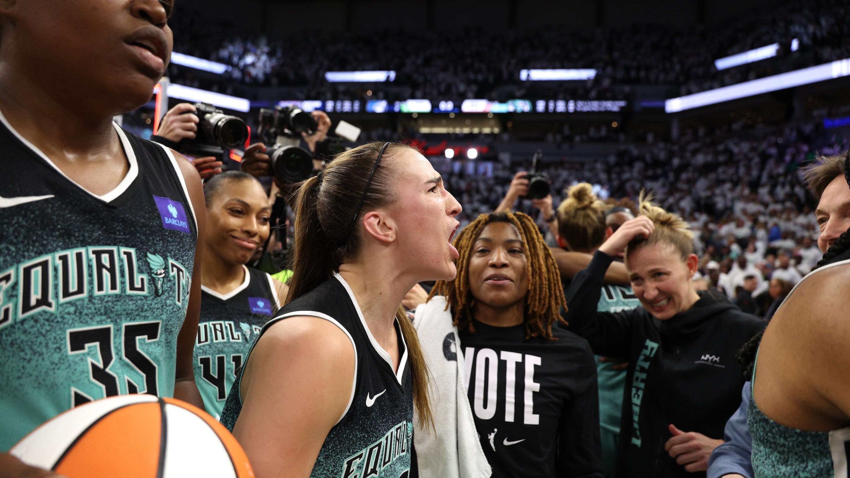 Sabrina Ionescu #20 of the New York Liberty reacts after hitting a game winning three point basket to defeat the Minnesota Lynx 80-77 in Game Three of the WNBA Finals at Target Center on October 16, 2024 in Minneapolis, Minnesota.