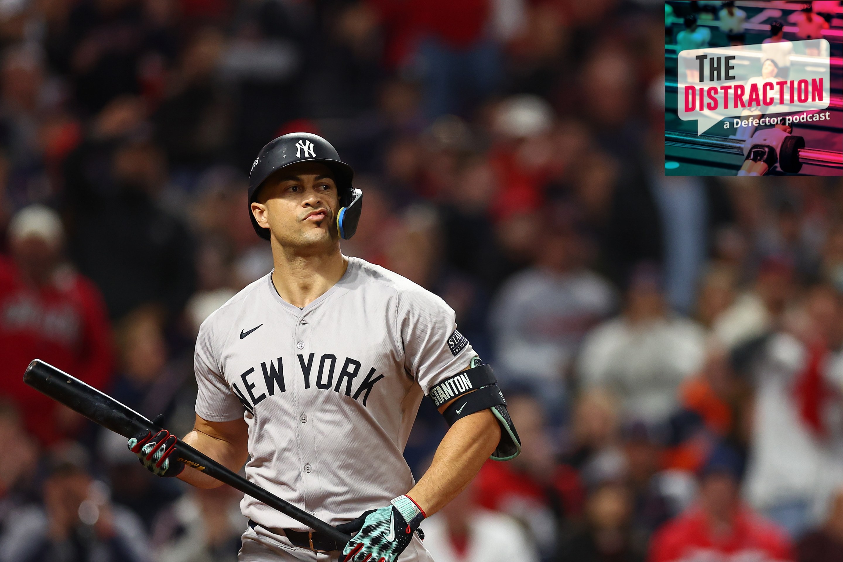 Giancarlo Stanton of the Yankees grimaces/smirks after a strikeout in the fourth inning against the Cleveland Guardians during Game Four of the ALCS.