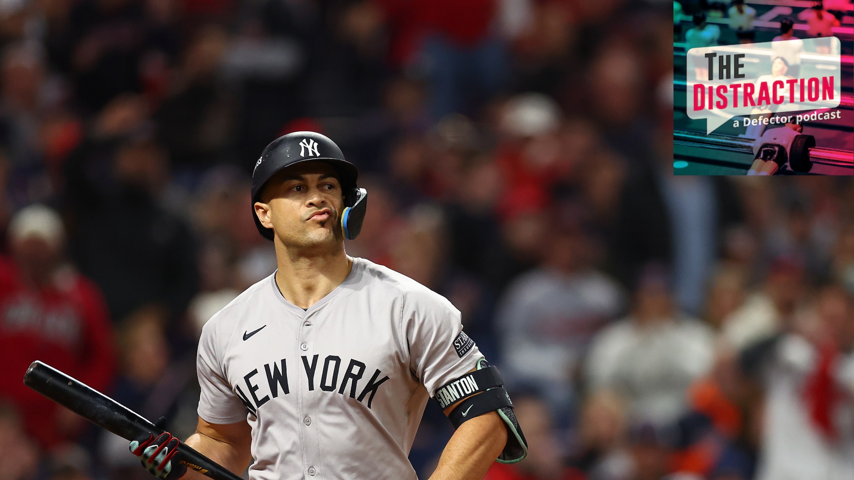 Giancarlo Stanton of the Yankees grimaces/smirks after a strikeout in the fourth inning against the Cleveland Guardians during Game Four of the ALCS.