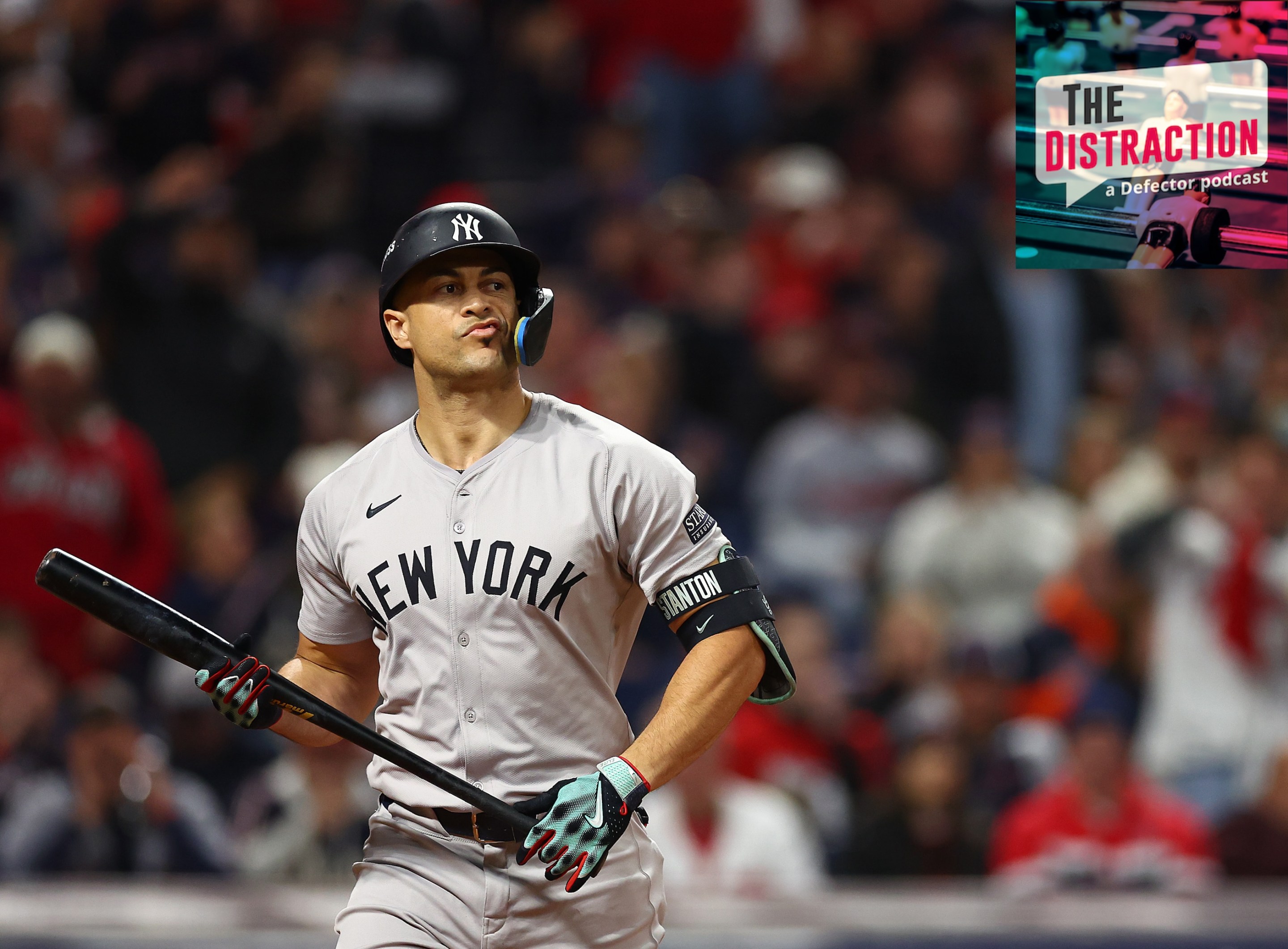 Giancarlo Stanton of the Yankees grimaces/smirks after a strikeout in the fourth inning against the Cleveland Guardians during Game Four of the ALCS.