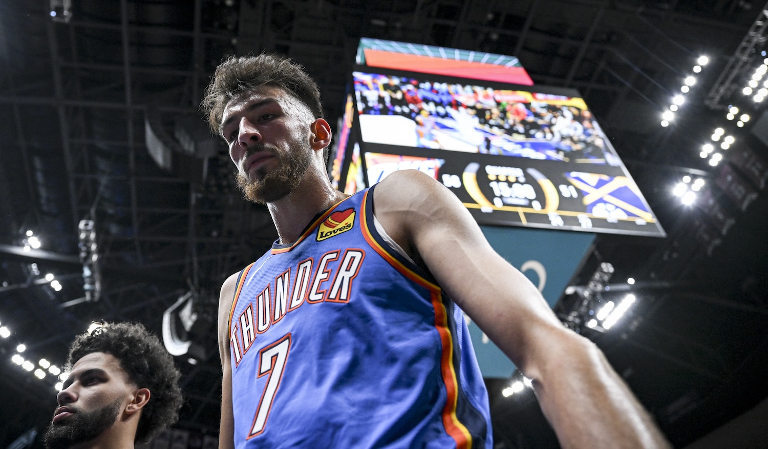 DENVER, CO - OCTOBER 24: Chet Holmgren (7) of the Oklahoma City Thunder leaves the court after the second quarter against the Denver Nuggets at Ball Arena in Denver, Colorado on Thursday, October 24, 2024. (Photo by AAron Ontiveroz/The Denver Post)