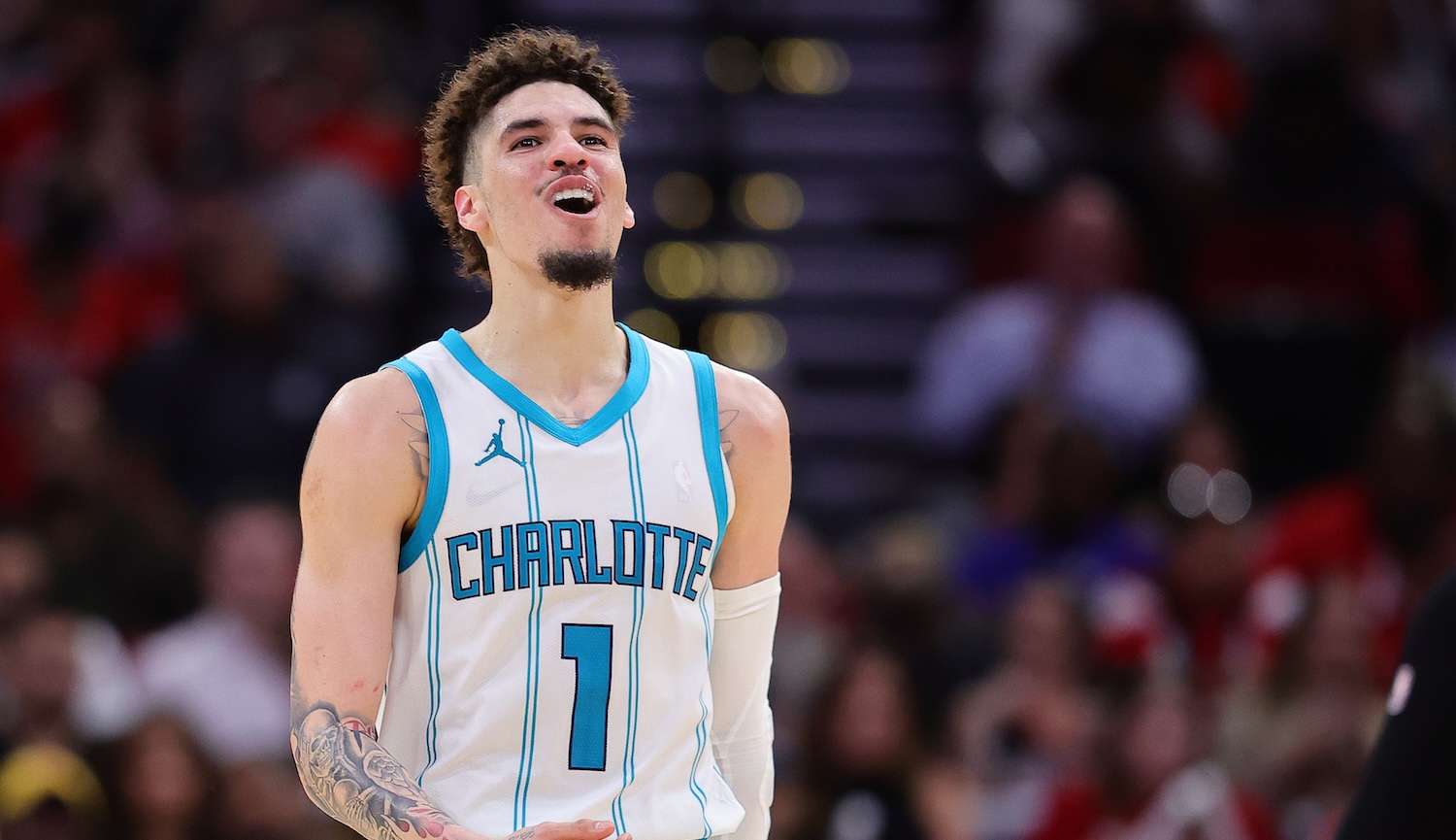 LaMelo Ball #1 of the Charlotte Hornets celebrates against the Houston Rocketsduring the second half at Toyota Center on October 23, 2024 in Houston, Texas.