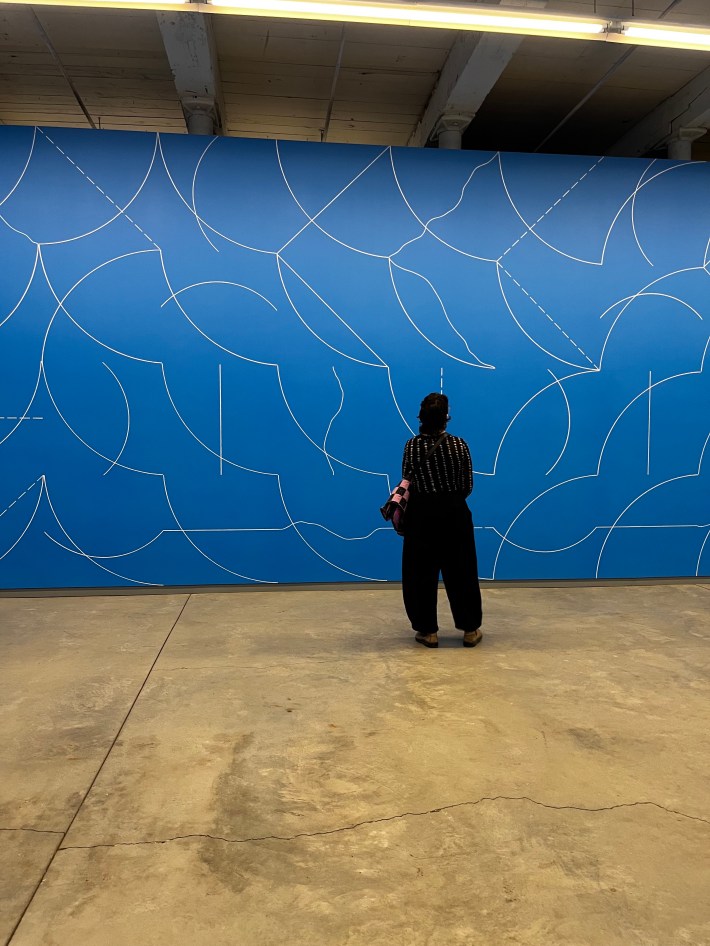 A woman stands in front of a blue wall with straight and curved white lines all over it.