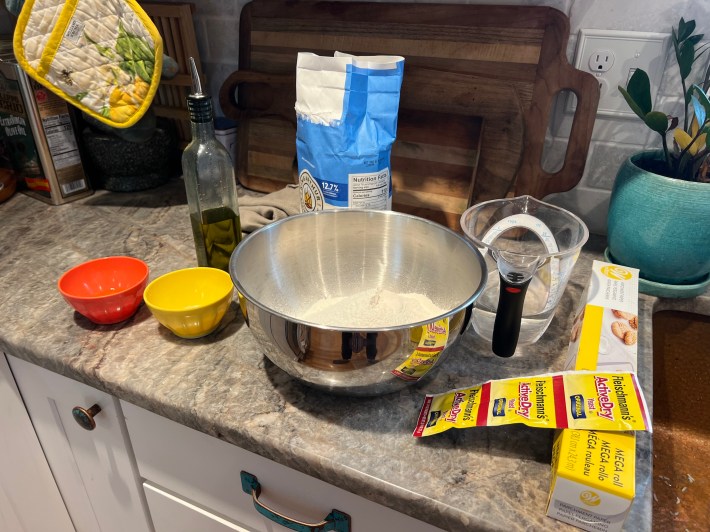 Ingredients for the bread bake, arranged on a countertop.