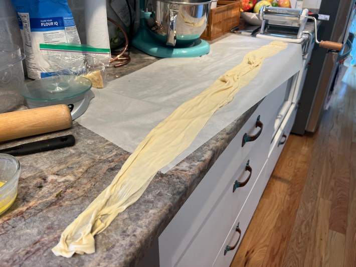 Insanely long strips of phyllo dough.