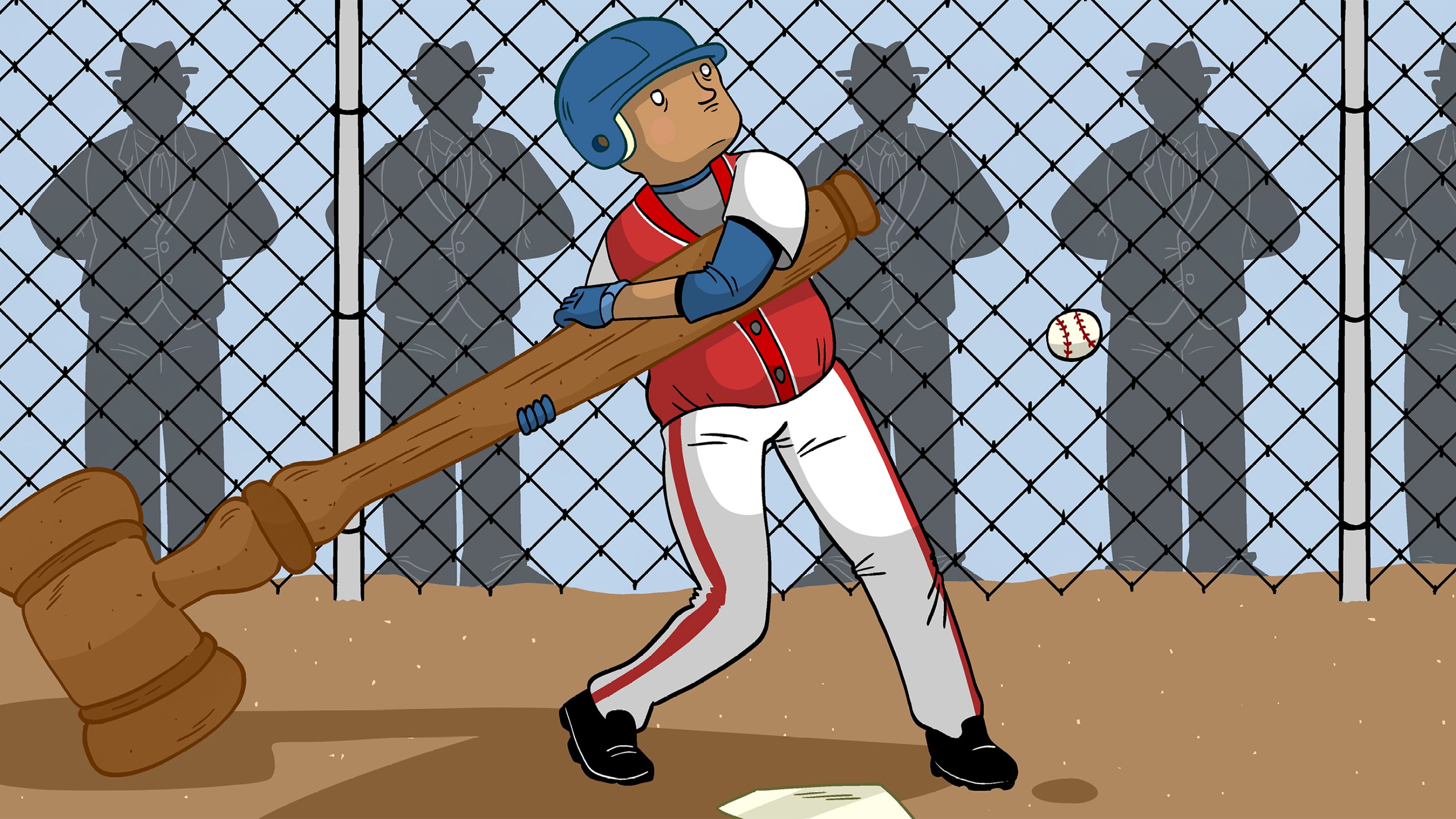 An illustration of a little league baseball player trying to swing an oversized gavel as parents look on