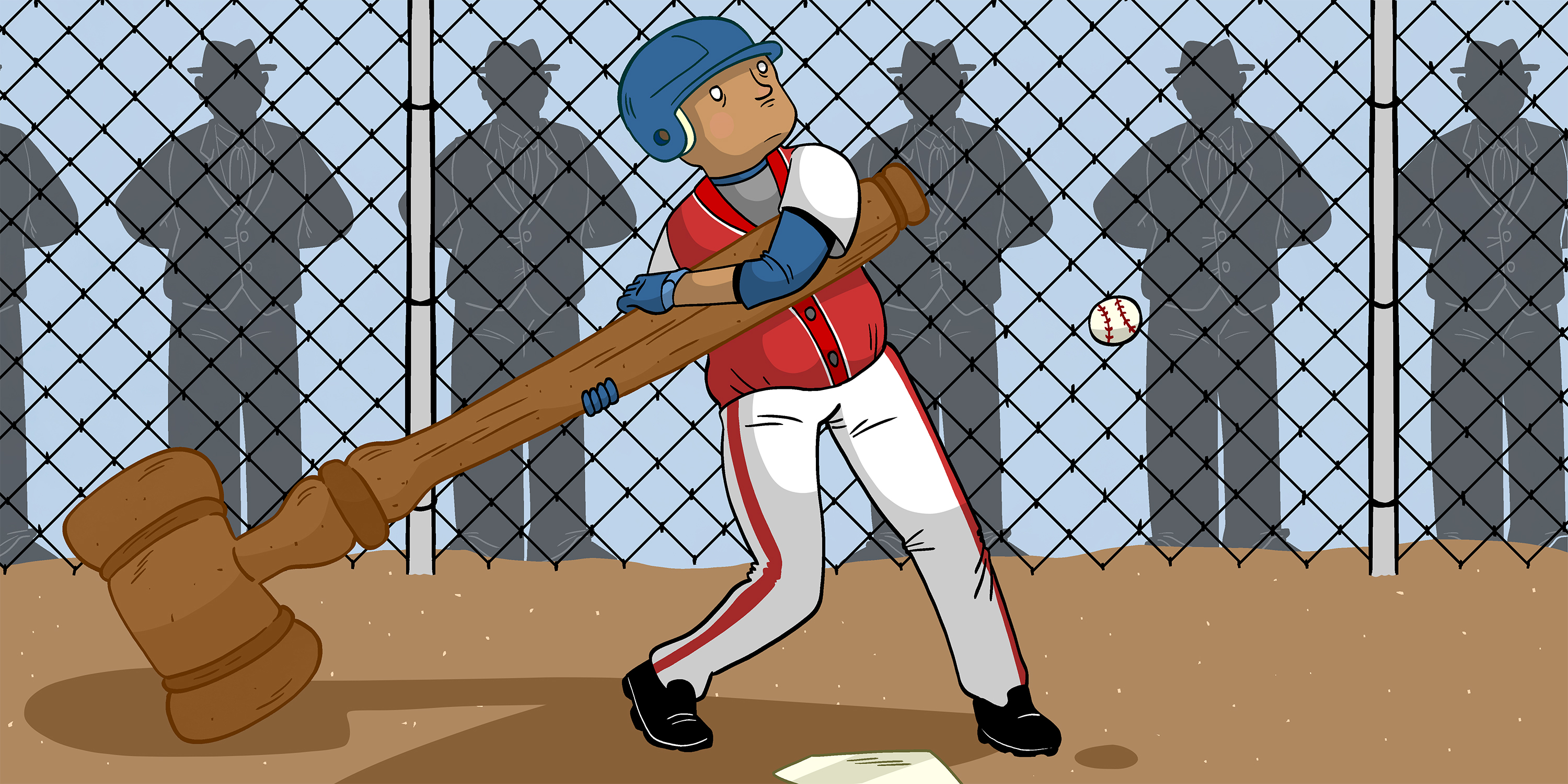 An illustration of a little league baseball player trying to swing an oversized gavel as parents look on