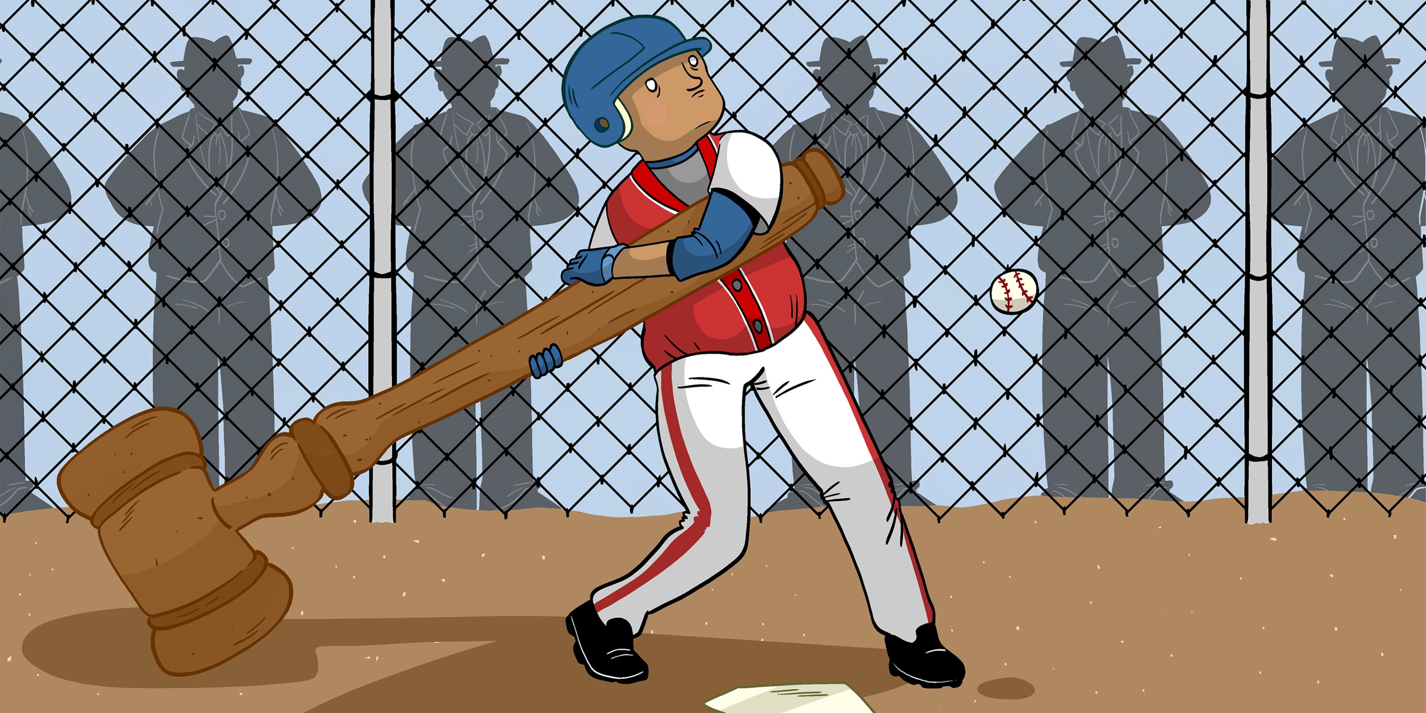 An illustration of a little league baseball player trying to swing an oversized gavel as parents look on