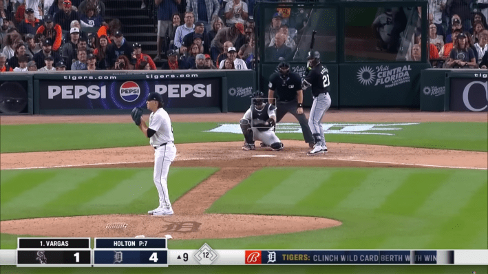 A screenshot of pitcher Tyler Holton of the Tigers preparing to throw a pitch to Miguel Vargas of the White Sox. Home plate is centered on the screen, more or less.