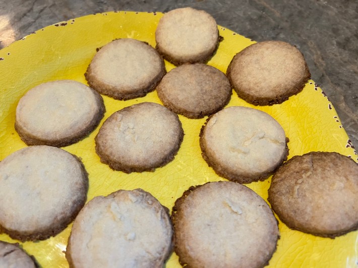 Shortbread biscuits that are obviously unevenly baked, and over-baked in placed.