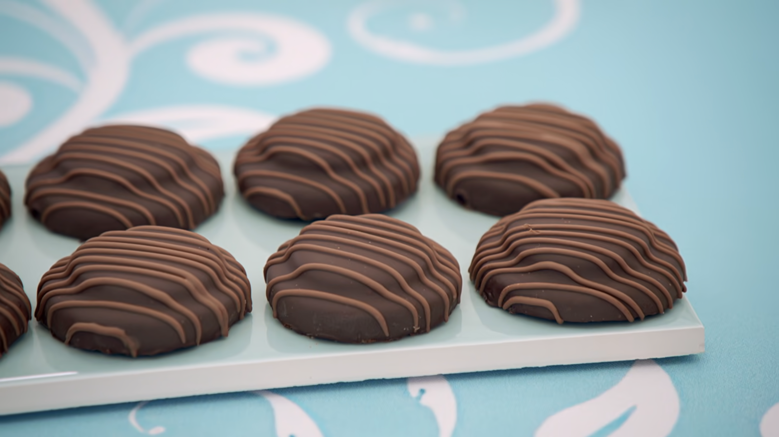 Professionally made mint chocolate biscuits, from the show.