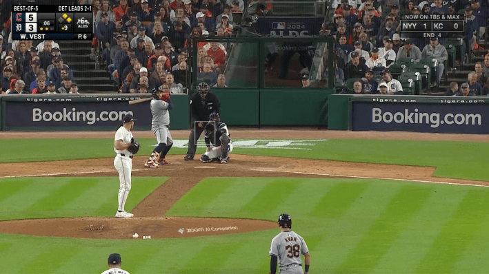 Will Vest of the Tigers prepares to throw a pitch to Josh Naylor of the Guardians. The pitcher and batter are entirely inside the right third of the view.