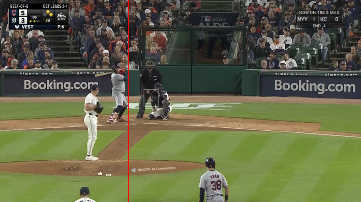 The same image as above, but with a vertical red line to emphasize that the pitcher and batter are both far to the left of the image.