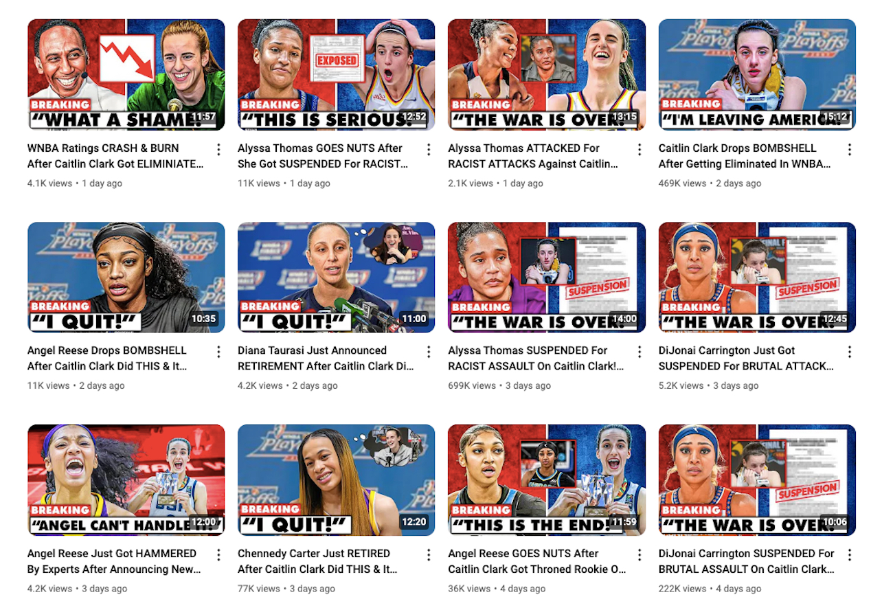 A collage of shitty YouTube videos with fake news about how various WNBA players have quit or argued with Caitlin Clark.