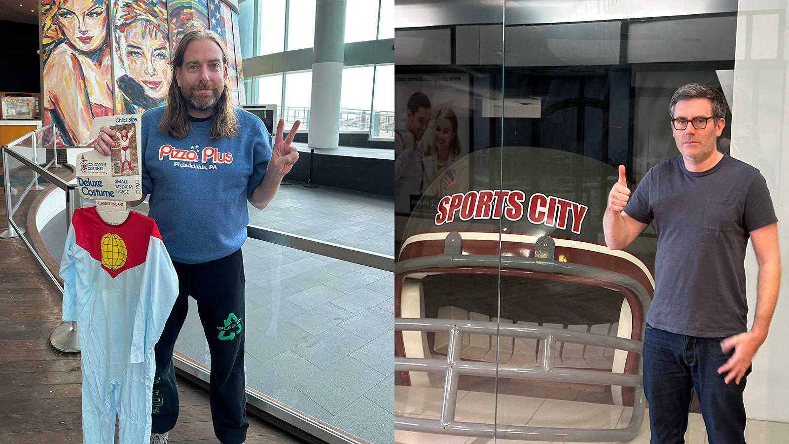 Split photo. Dan stands in front of some giant pastel mural, wearing a Pizza Plus shirt and sweapants, holding up an old Captain Planet costume. Dave stands in front of a giant helmet that says SPORTS CITY. They're both in a mall.