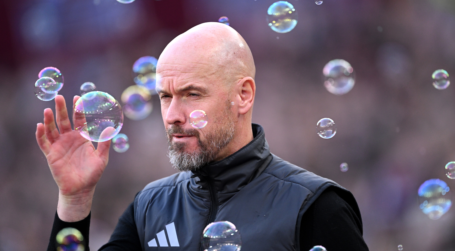 Erik Ten Hag walks through some soap bubbles on his way to the pitch for what turned out to be his final match as Manchester United manager.