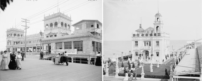 Split photo. One side is the Million Dollar pier, a stone and wood-looking castle-looking structure over a pier headed out toward the ocean. The other is a classical-style house on the pier.