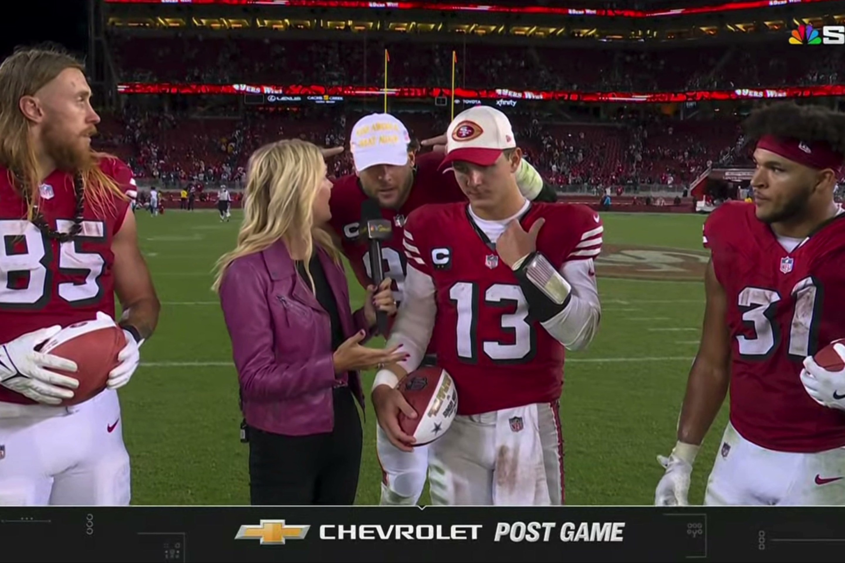 Nick Bosa appears on the Sunday Night Football postgame interview in a Make America Great Again hat