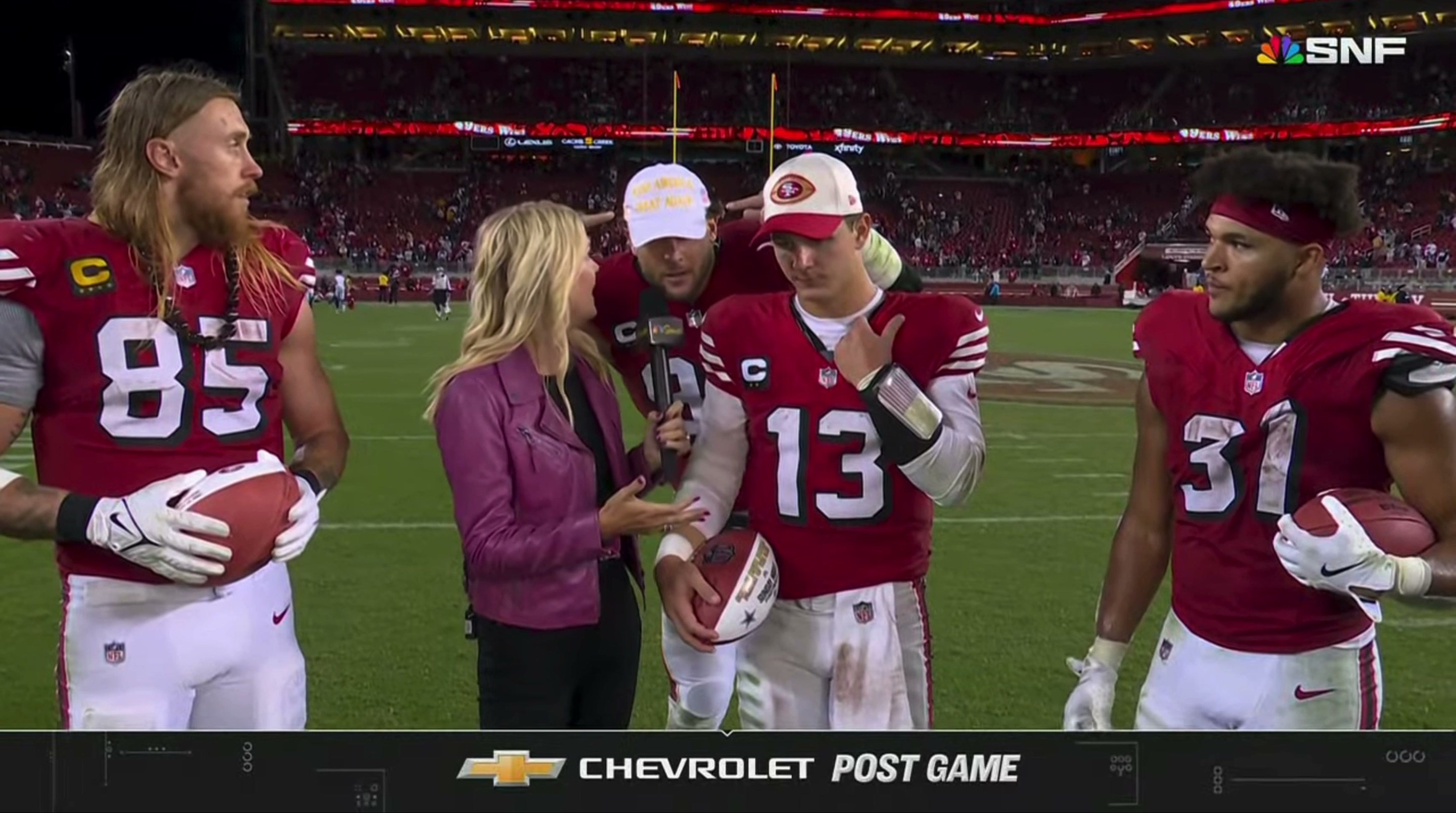 Nick Bosa appears on the Sunday Night Football postgame interview in a Make America Great Again hat