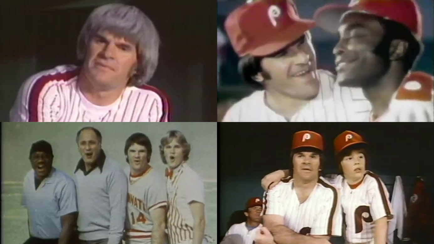 Pete Rose with gray hair, Pete Rose joking with Joe Morgan, Pete Rose singing with Vic Tayback, Pete Rose and his son looking out into the distance