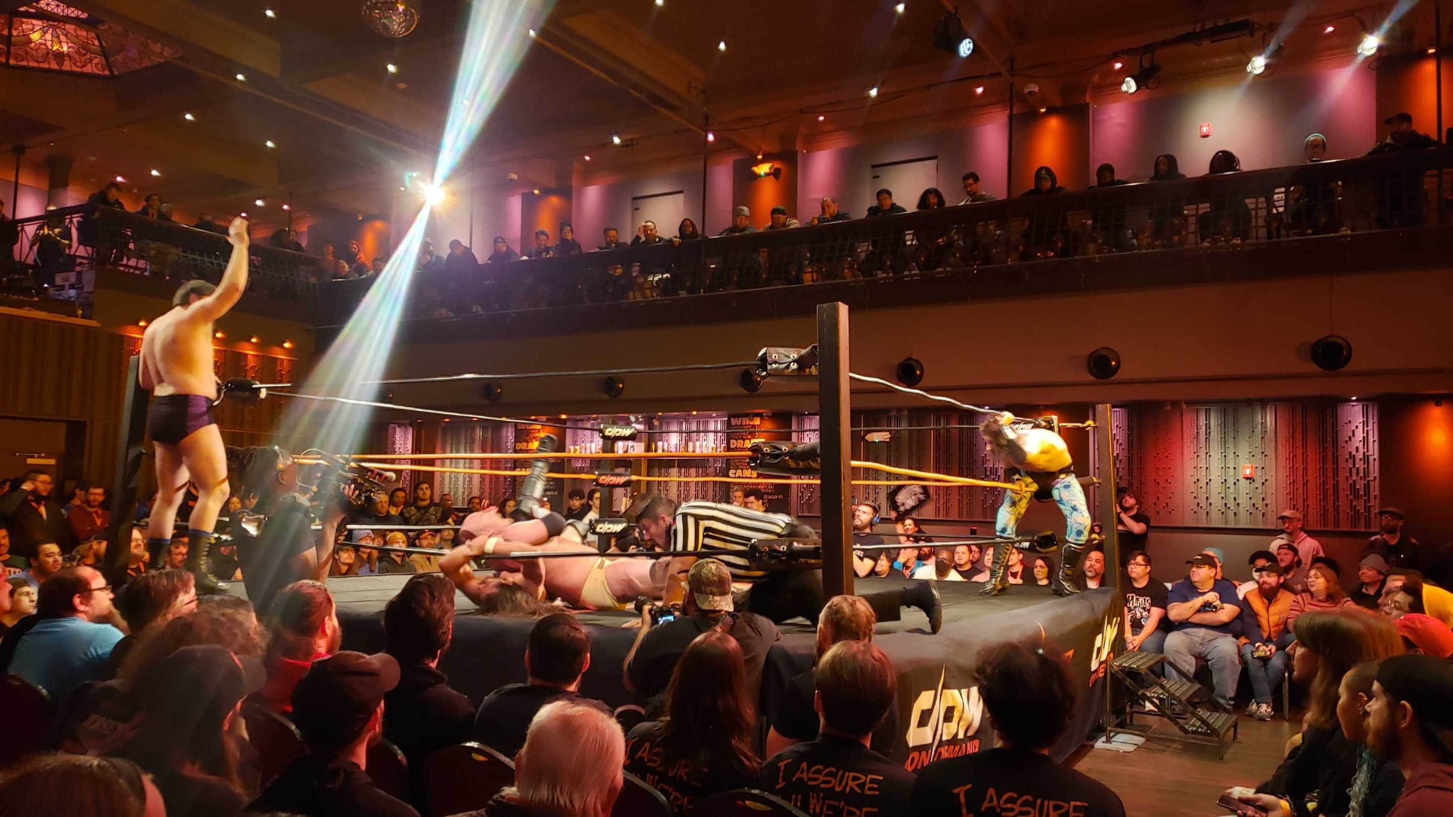 View of a wrestling ring during a tag team match at White Eagle Hall