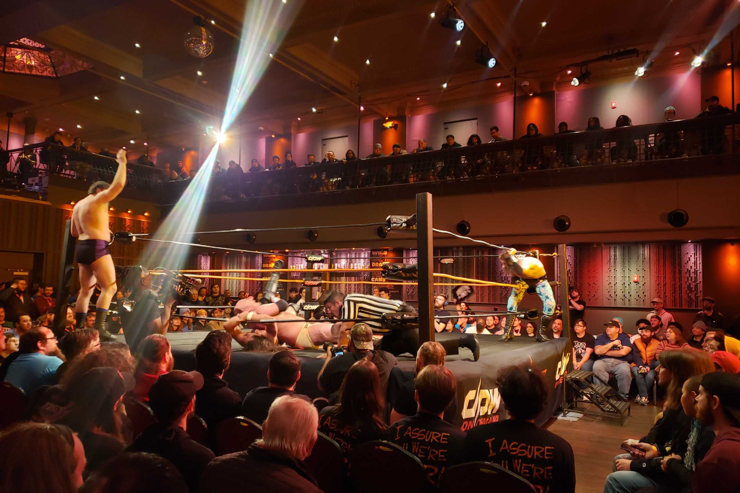 View of a wrestling ring during a tag team match at White Eagle Hall