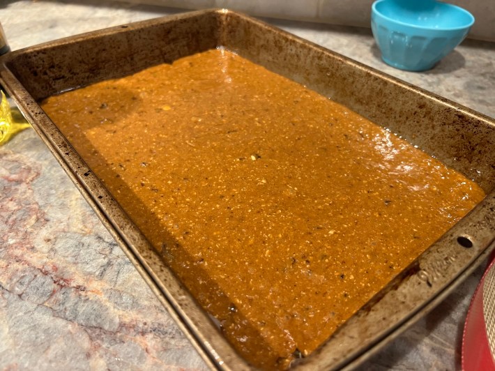 Muddy batter in a baking dish.