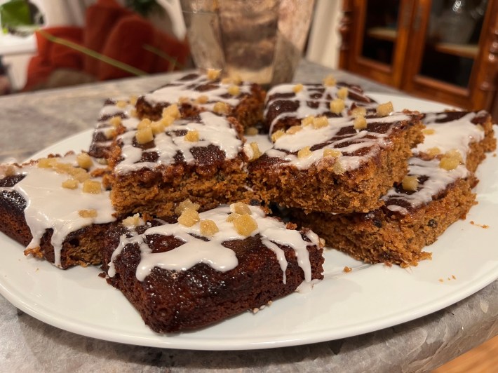 Finished squares of Parkin, with icing and ginger topping.