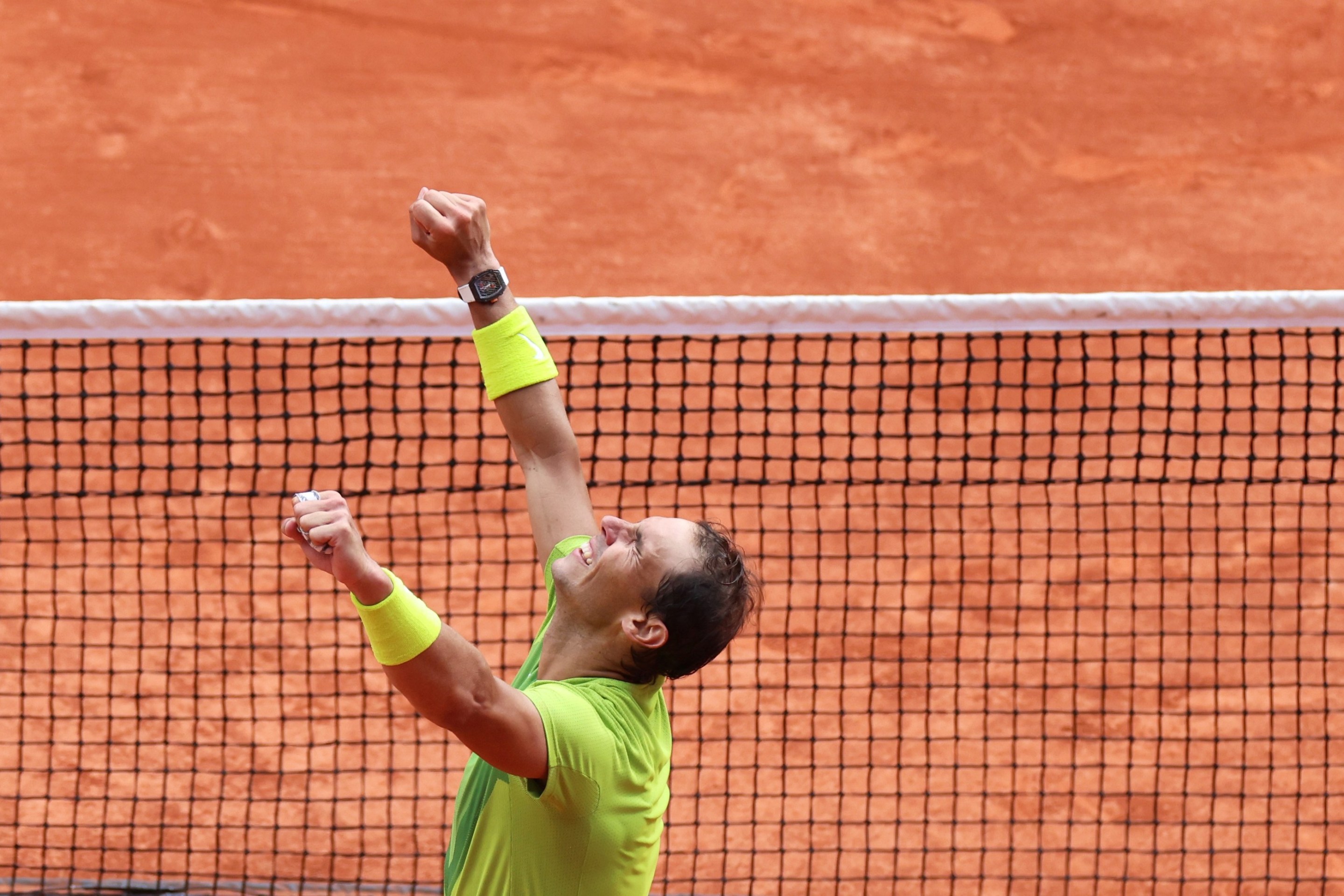 Rafael Nadal of Spain celebrates after the men's singles final match at the French Open.