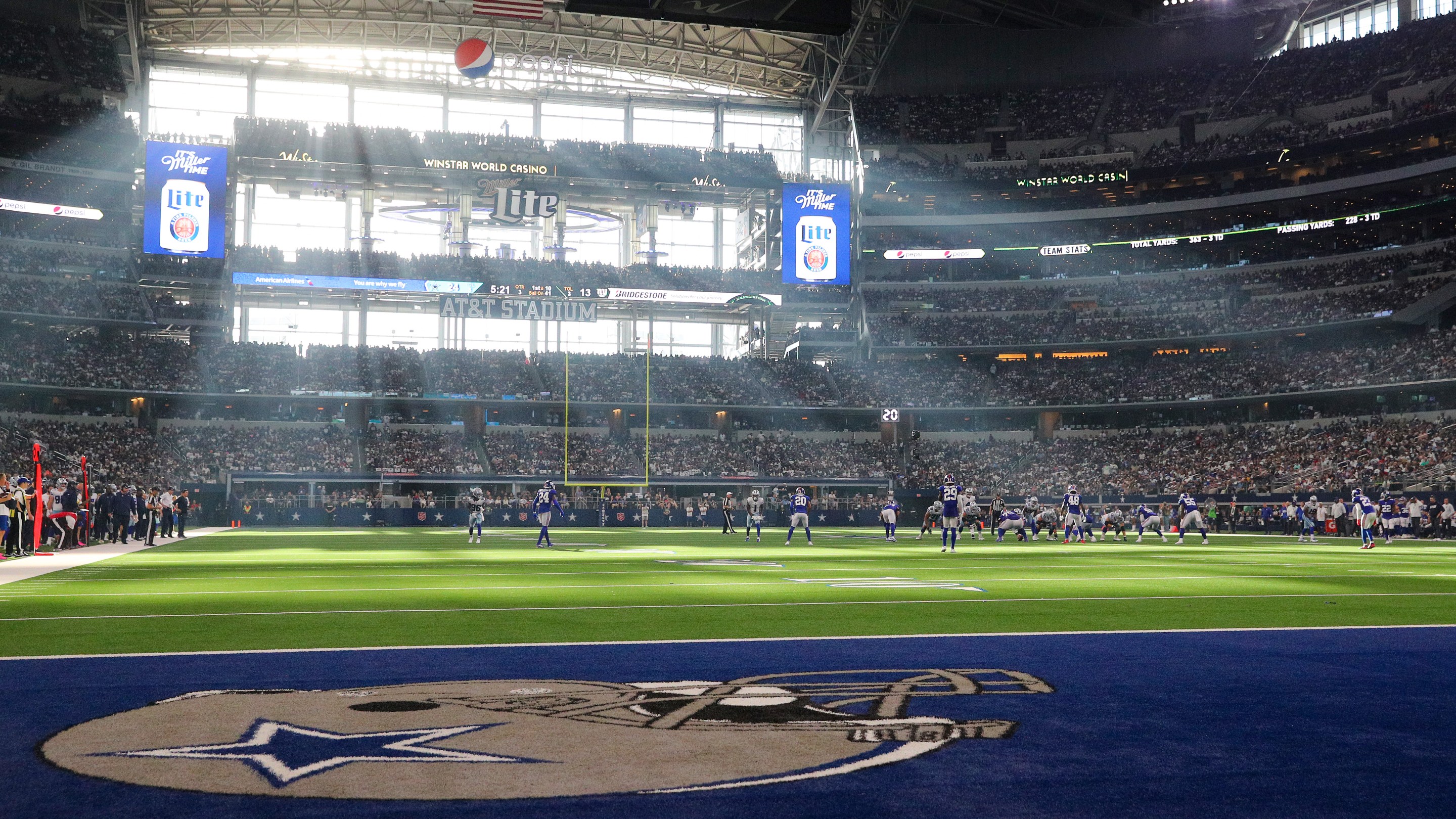 ARLINGTON, TEXAS - OCTOBER 10: The sun shines through the windows at AT&amp;T Stadium during the game between the Dallas Cowboys and New York Giants on October 10, 2021 in Arlington, Texas. (Photo by Richard Rodriguez/Getty Images)