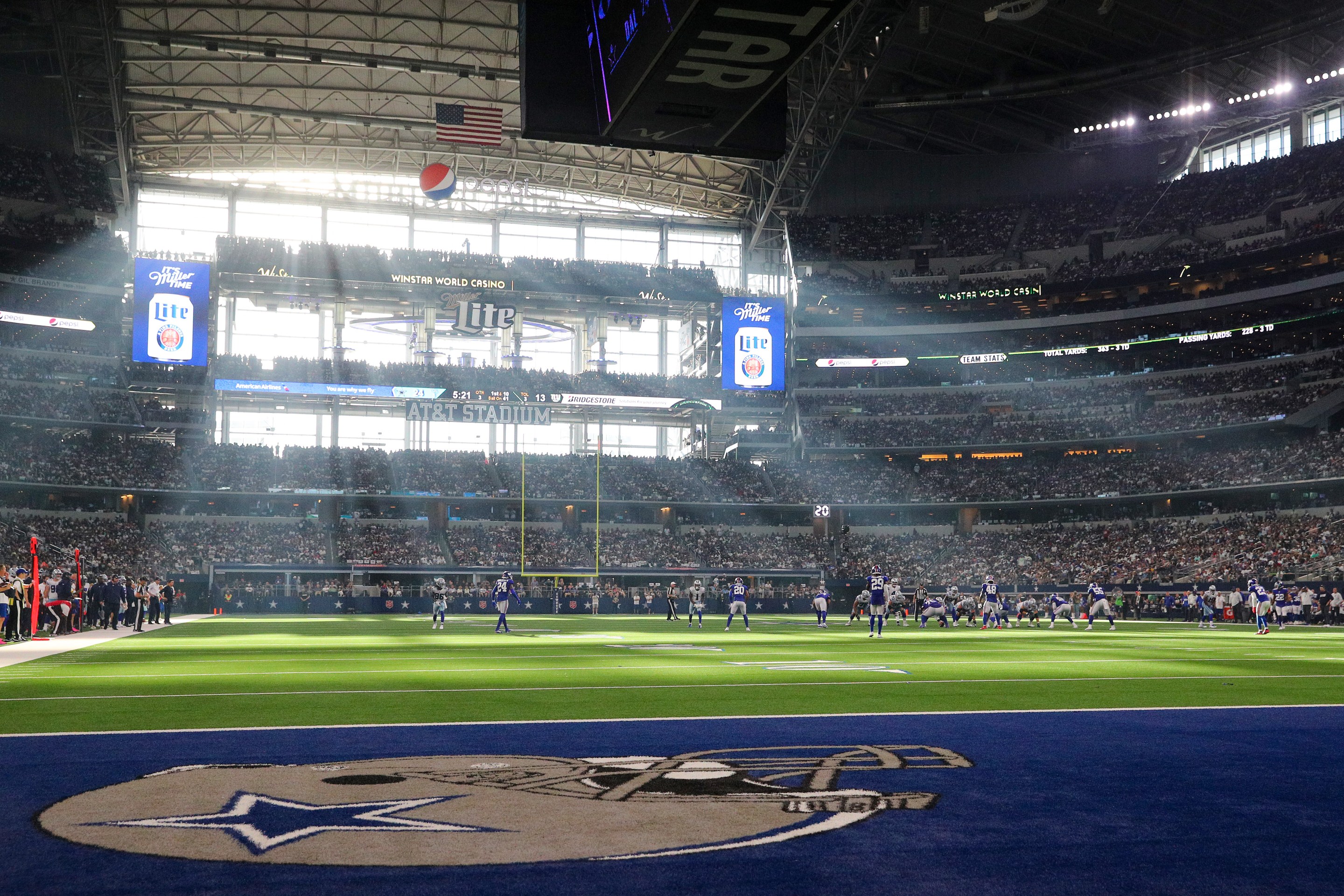 ARLINGTON, TEXAS - OCTOBER 10: The sun shines through the windows at AT&amp;T Stadium during the game between the Dallas Cowboys and New York Giants on October 10, 2021 in Arlington, Texas. (Photo by Richard Rodriguez/Getty Images)