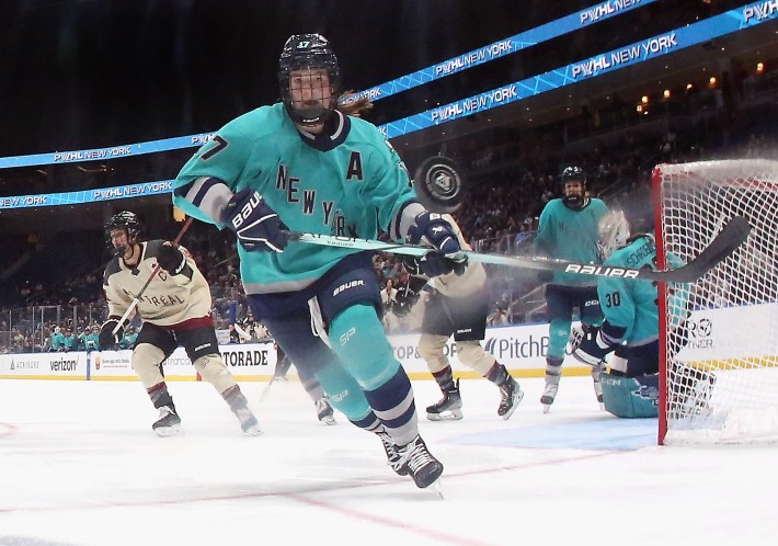 ELMONT, NEW YORK - JANUARY 10: Ella Shelton #17 of New York follows the puck during the game against Montreal during PWHL action at UBS Arena on January 10, 2024 in Elmont, New York. This is the first season for the team and the league. This game was the inaugural one at the arena, as the team splits their schedule between here and Bridgeport, and their franchise opening game was held there.