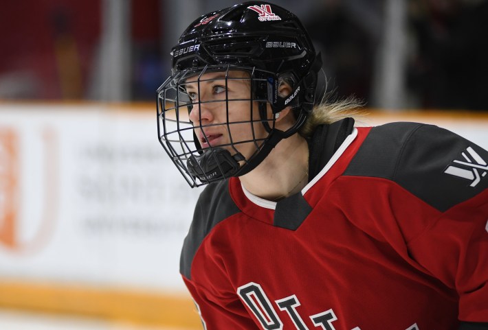 Kateřina Mrázová #16 of Ottawa skates during warmups prior to the game against New York at The Arena at TD Place on February 04, 2024 in Ottawa, Ontario.