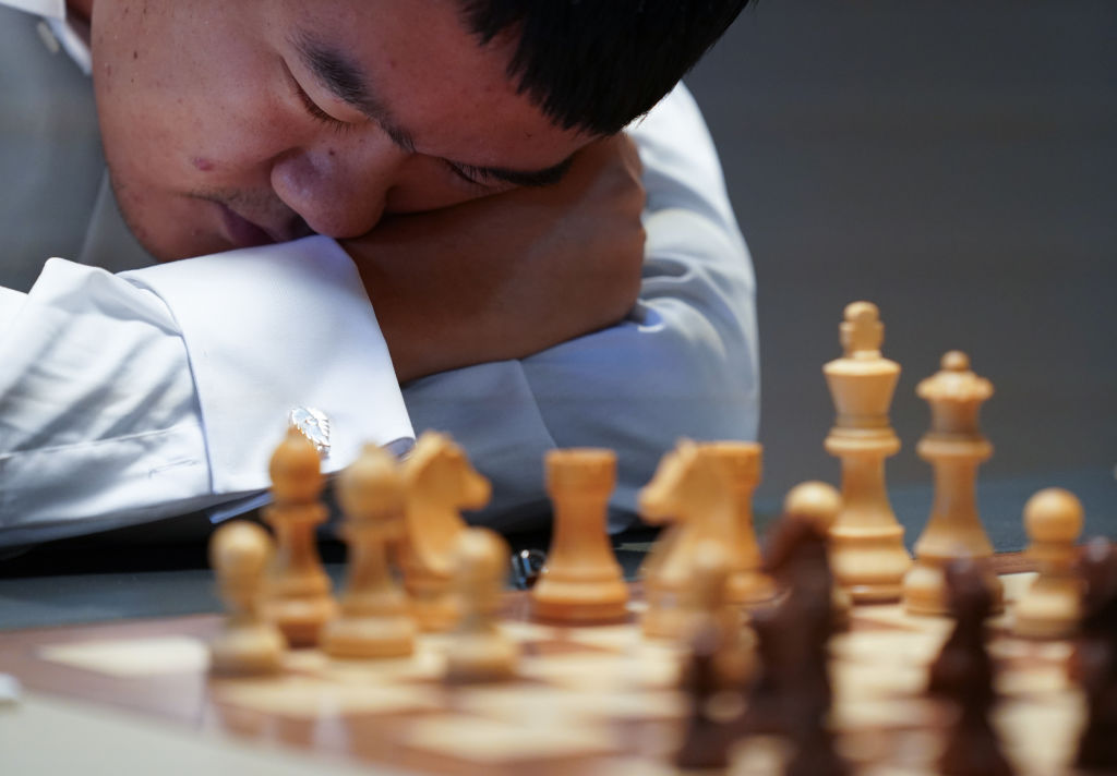 12 February 2024, Schleswig-Holstein, Wangels: Chess: Freestyle Chess G.O.A.T. Challenge, chess tournament based on the Chess960 variant, quarter-finals, at the Weissenhaus Private Nature Luxury Resort. Ding Liren (China) in action. Photo: Marcus Brandt/dpa