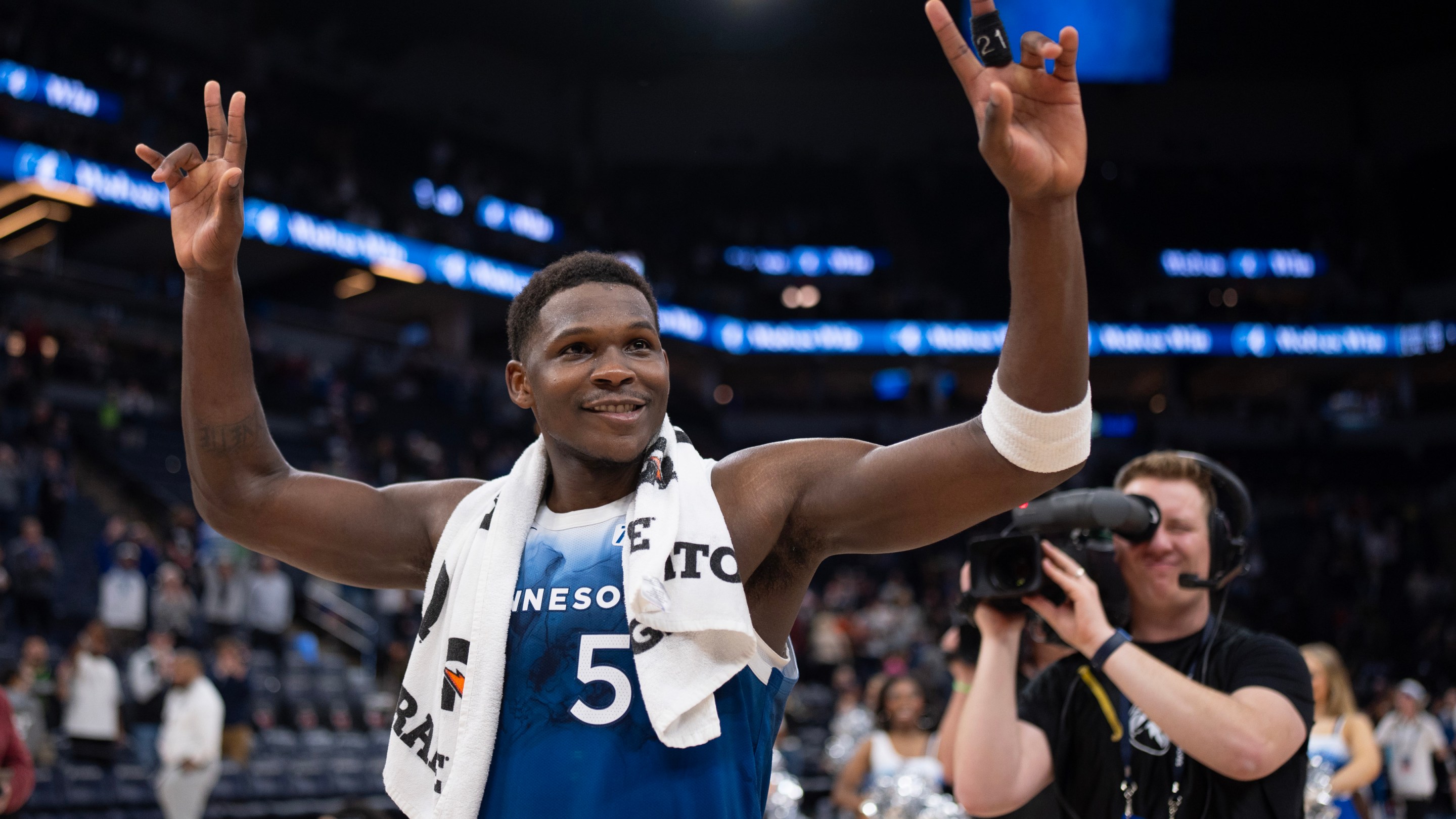 Minnesota Timberwolves guard Anthony Edwards walks off the court after the game. Edwards led all scorers with a career high 51 points.