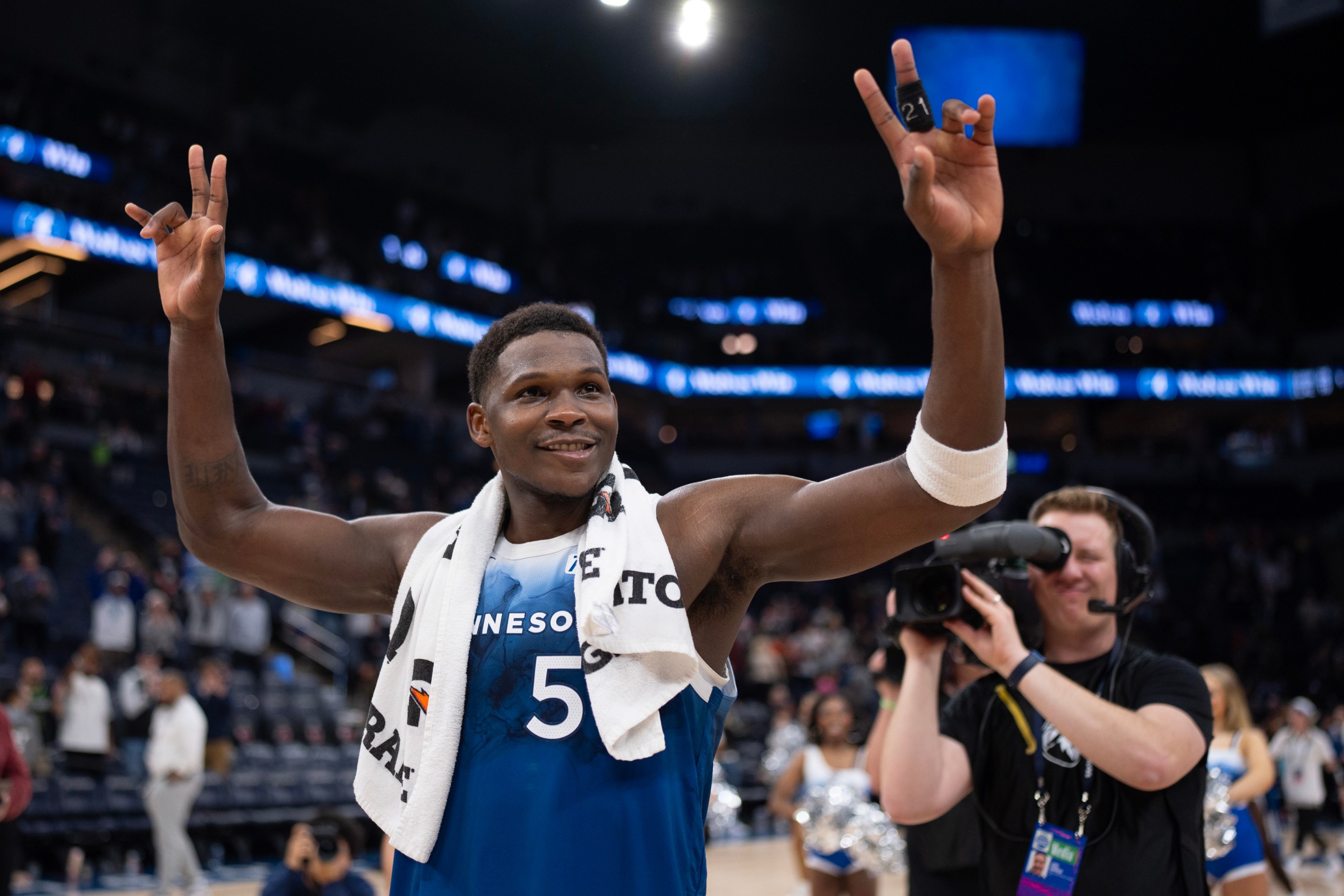 Minnesota Timberwolves guard Anthony Edwards walks off the court after the game. Edwards led all scorers with a career high 51 points.