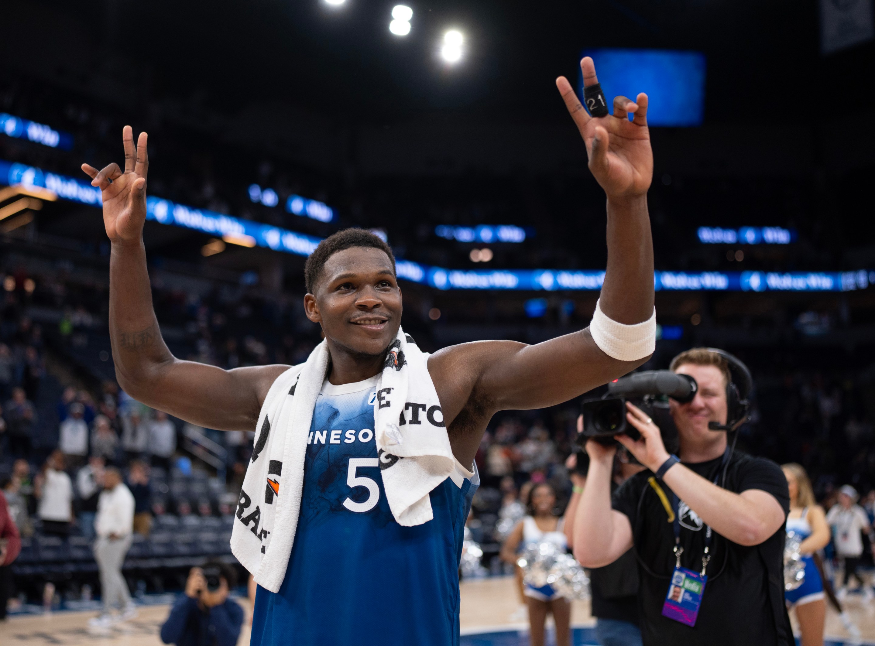 Minnesota Timberwolves guard Anthony Edwards walks off the court after the game. Edwards led all scorers with a career high 51 points.