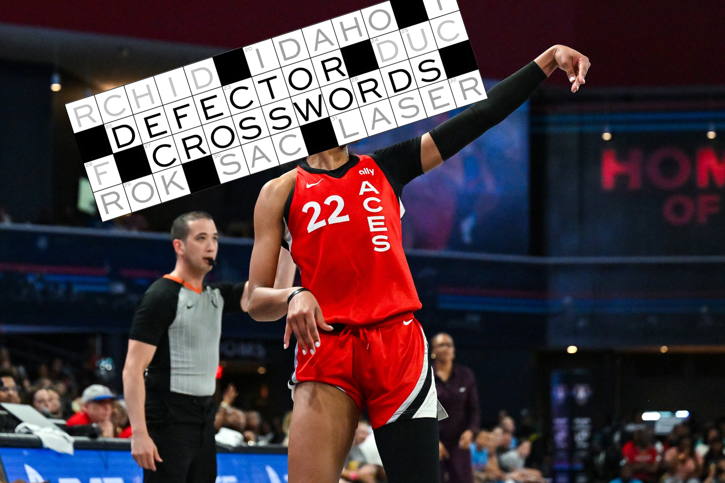 Las Vegas center A'ja Wilson (22) shoots a three-pointer during the WNBA game between the Las Vegas Aces and the Atlanta Dream on July 12th, 2024 at the Gateway Arena in College Park, GA.