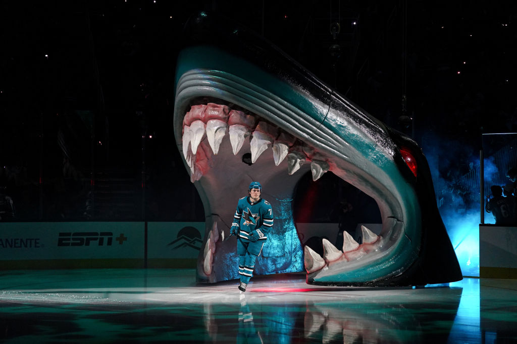 Macklin Celebrini #71 of the San Jose Sharks takes the ice through the Shark Head