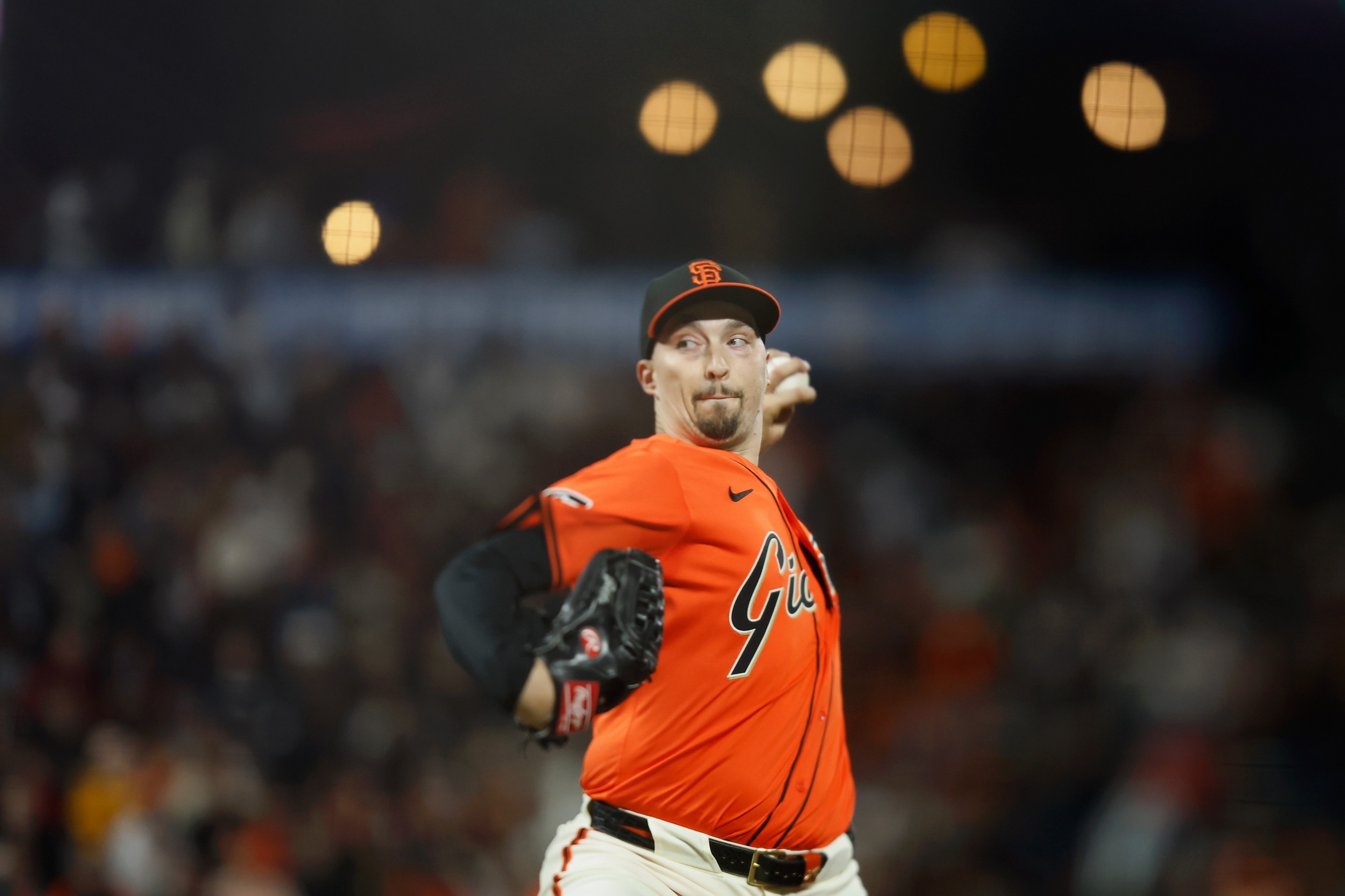 Blake Snell of the San Francisco Giants pitches against the Miami Marlins on August 30, 2024 in San Francisco. EDITORS NOTE: This image was created with the free lens technique)