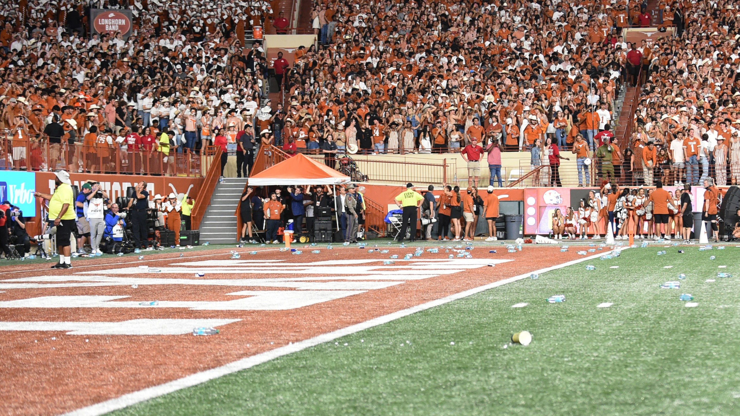 Fans throw trash onto the field during the college football game between the Georgia Bulldogs and the Texas Longhorns on October 19, 2024, at Darrell K Royal-Texas Memorial Stadium.